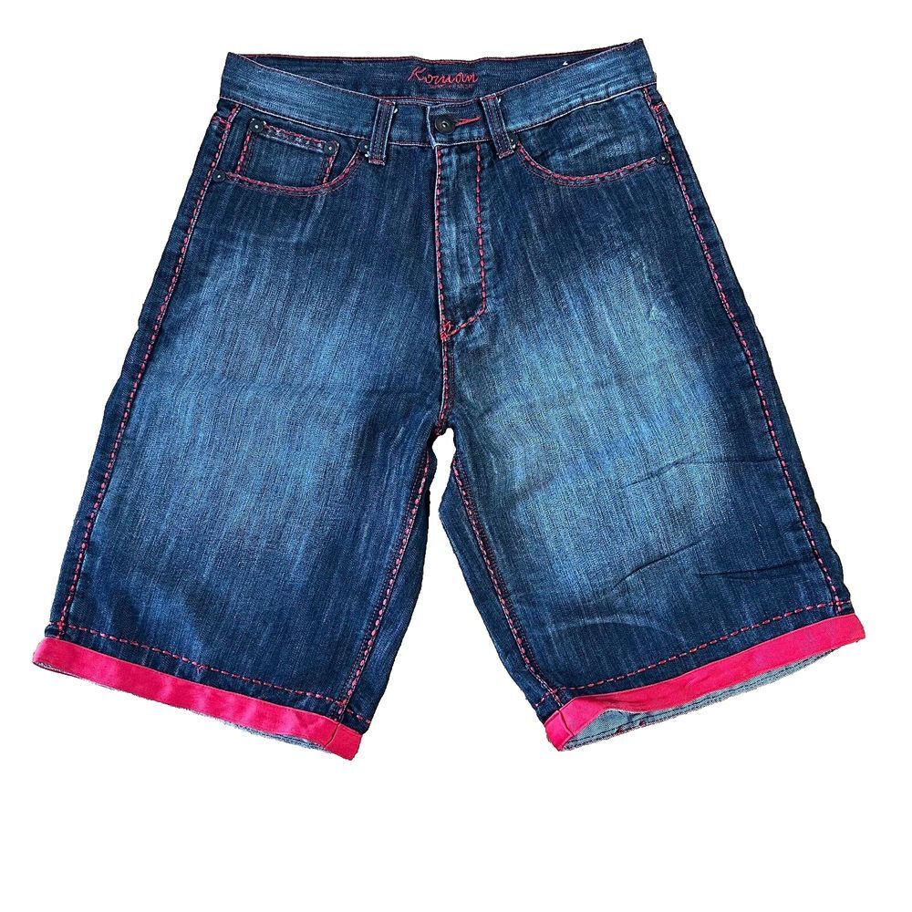 Koman Skater Denim Shorts Red Contrast Sz 31 Stitch Cuffed Y2K Streetwear Pocket